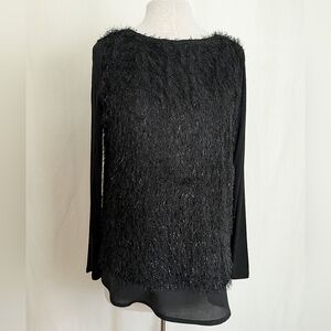 Chicos NWT Black Sydney Shine Feathery Blouse Size 1 (Med 8-10) Long Sleeve